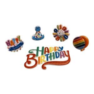 5 Piece Birthday Cake Topper Set Plactic Multicolored Hat Flower Baloon Rings